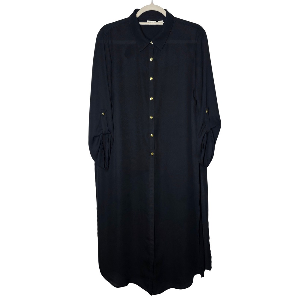 Cato Black Sheer Chiffon Button Down Maxi Tunic Shirt Dress Gold Buttons Large